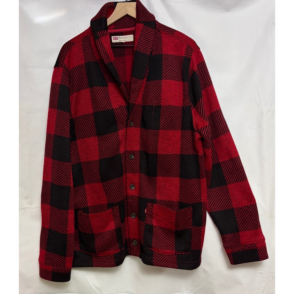 Levi's Cardigan Sweater Womens 2XL Red Black Buffalo Plaid Excellent Shawl Neck